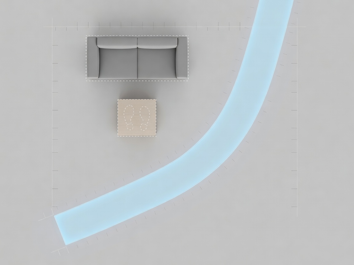 Overhead 3D room study showing a sofa, table and an unobstructed movement route, with simplified scale markings