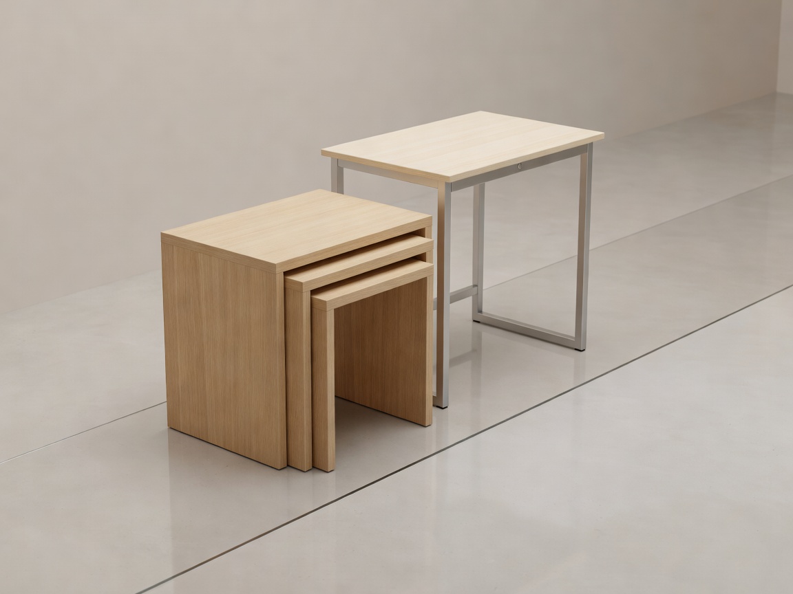 Soft 3D study of nesting tables beside a compact desk with a visible clear circulation strip