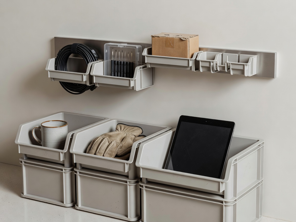 3D storage study showing low stackable bins, a shallow wall rail and everyday items arranged by reach