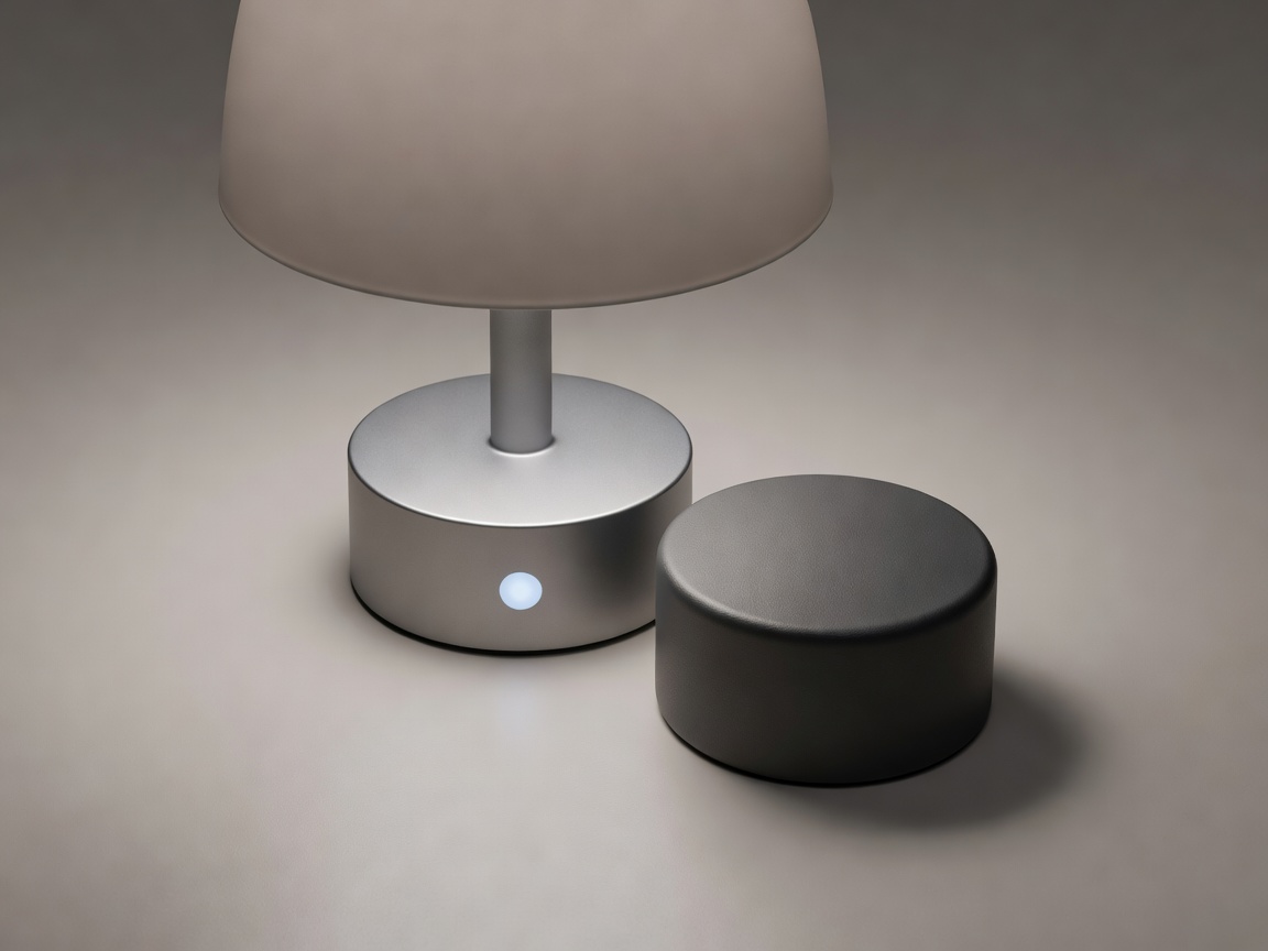 Soft 3D concept study of a shaded table lamp and a large manual control on a plain surface